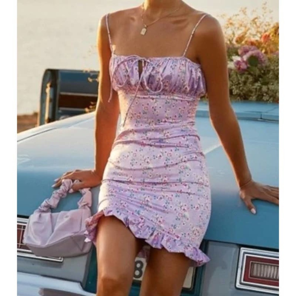 Alamour Dress Purple Floral Mini Ruffles Spaghetti Strap Fitted Bodycon Size XXS